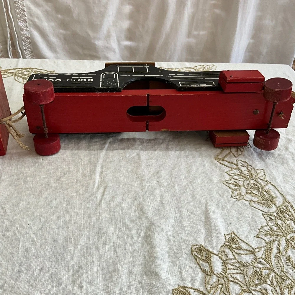 Vintage Wooden Toy Train‎ Set Choo-Choo Engine and ABC Blocks Beads Boxcar 50's